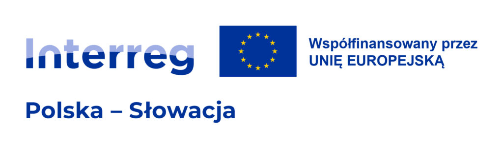 logo Interreg, niebieski prostokąt z żółtymi gwiazdkami (Flaga Unii Europejskiej), współfinansowany przez Unię Europejską, Polska (kreska) Słowacja